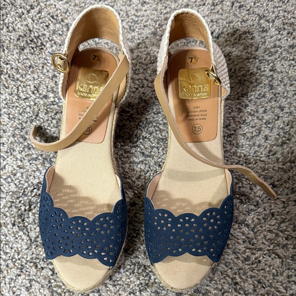 Navy and Tan Espadrille Wedge Sandals with Ankle Strap - Picture 2 of 3